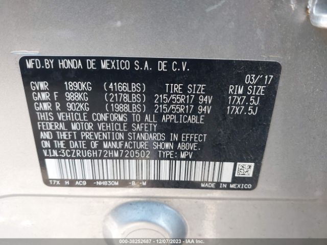 3CZRU6H72HM720502 Honda Hr-v Ex-l