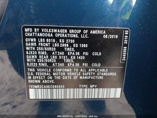 1V2MR2CA5KC580403 Volkswagen Atlas 3.6l V6 Sel