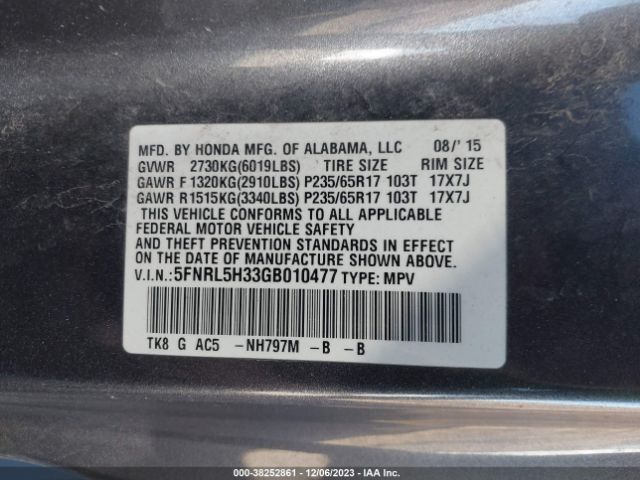 5FNRL5H33GB010477 Honda ODYSSEY SE