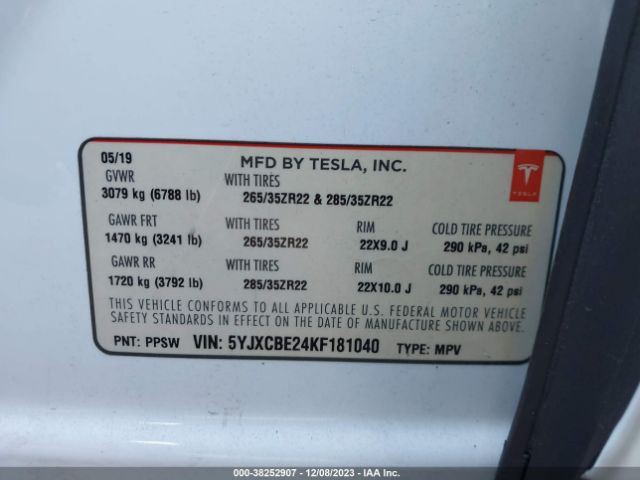 5YJXCBE24KF181040 Tesla Model X 100d/75d/long Range