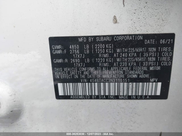 2022 SUBARU OUTBACK PREMIUM VIN: 4S4BTACC3N3110151