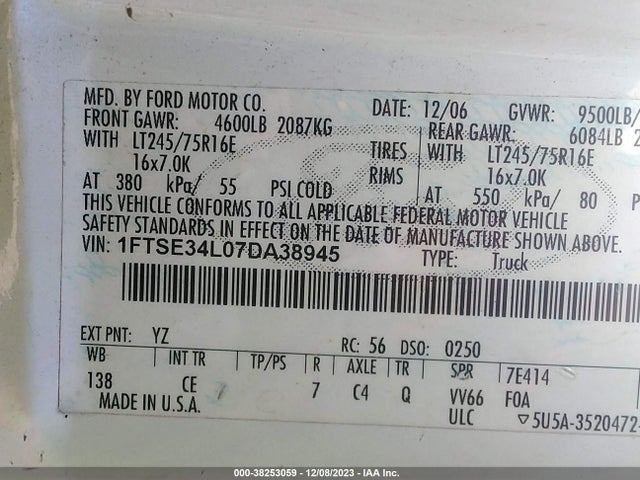 2007 FORD E-350 SUPER DUTY COMMERCIAL/RECREATIONAL VIN: 1FTSE34L07DA38945