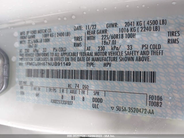 Ford ESCAPE SEL 2022 1FMCU9H67NUB91149 Image 9
