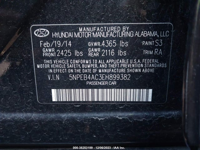 Aukcja sprzedaży 2014 Hyundai Sonata Gls, vin: 5NPEB4AC3EH899382, numer aukcji: 38253189