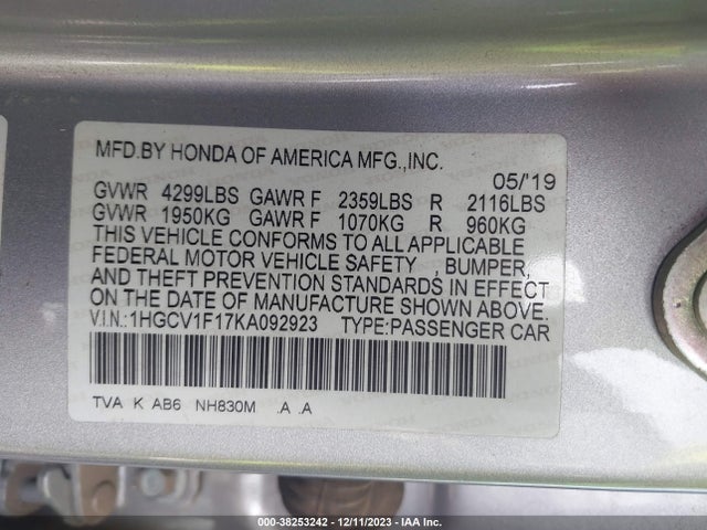 2019 HONDA ACCORD SEDAN 1HGCV1F17KA092923 Photo 8