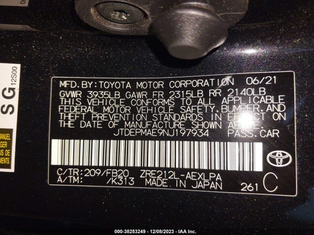 2022 TOYOTA COROLLA LE VIN: JTDEPMAE9NJ197934