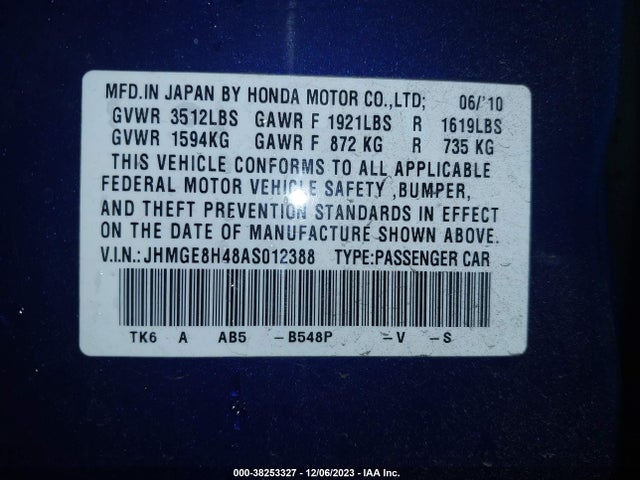 2010 HONDA FIT SPORT VIN: JHMGE8H48AS012388