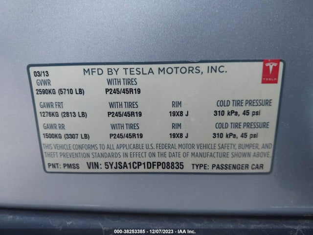 2013 TESLA MODEL S PERFORMANCE VIN: 5YJSA1CP1DFP08835