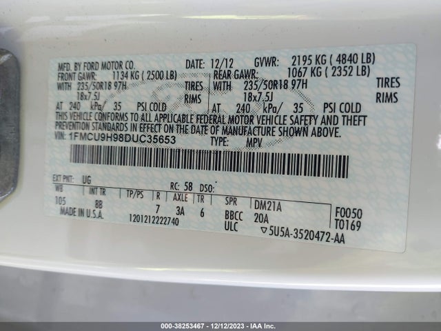 2013 FORD ESCAPE SEL VIN: 1FMCU9H98DUC35653