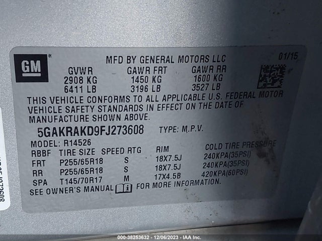 2015 BUICK ENCLAVE CONVENIENCE VIN: 5GAKRAKD9FJ273608