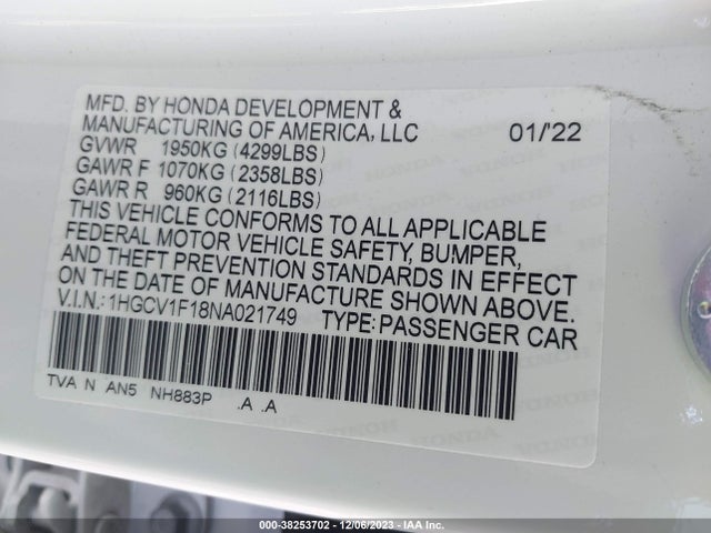 Honda ACCORD LX 2022 1HGCV1F18NA021749 Image 9