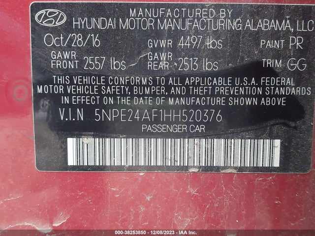 Hyundai Sonata 2.4l 2017 5NPE24AF1HH520376 Image 9
