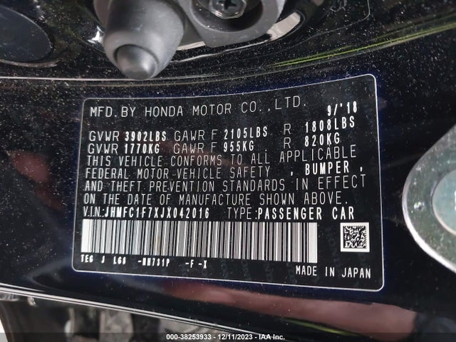 2018 HONDA CIVIC EX-L VIN: JHMFC1F7XJX042016
