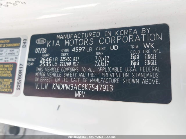 2019 KIA SPORTAGE LX VIN: KNDPM3AC6K7547913