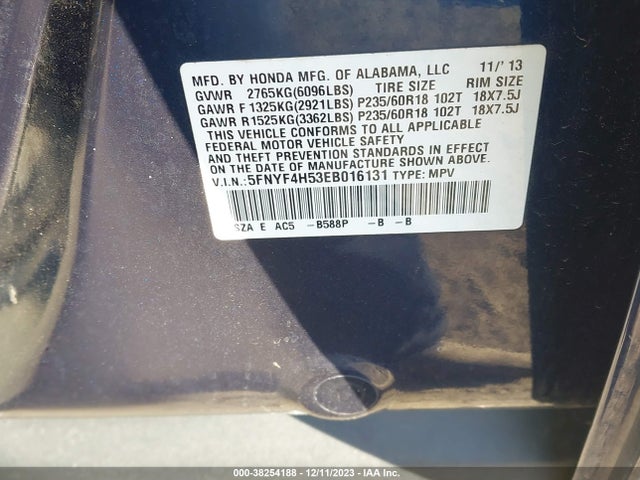 Honda Pilot Ex-l 2014 5FNYF4H53EB016131 Image 9