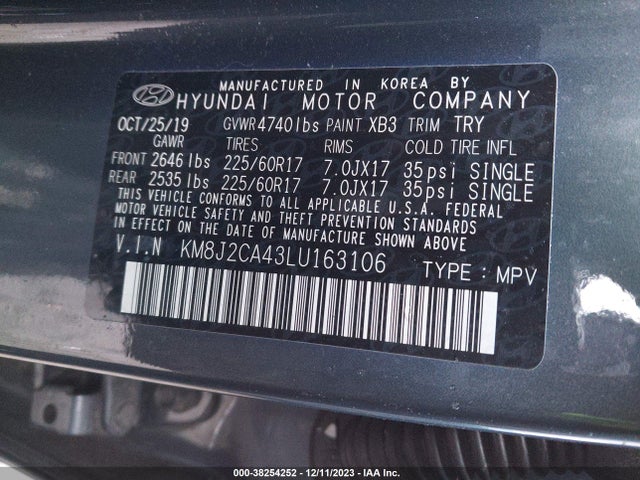 2020 HYUNDAI TUCSON SE VIN: KM8J2CA43LU163106