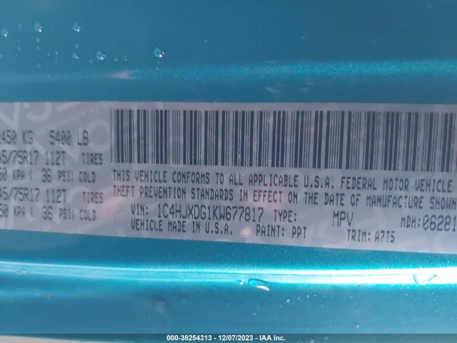 2019 Jeep Wrangler Unlimited Sport S 4x4 მანქანა იყიდება აუქციონზე, vin: 1C4HJXDG1KW677817, აუქციონის ნომერი: 38254313