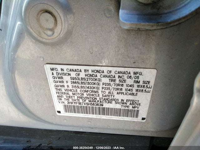 2005 HONDA PILOT EX-L VIN: 2HKYF187X5H563639