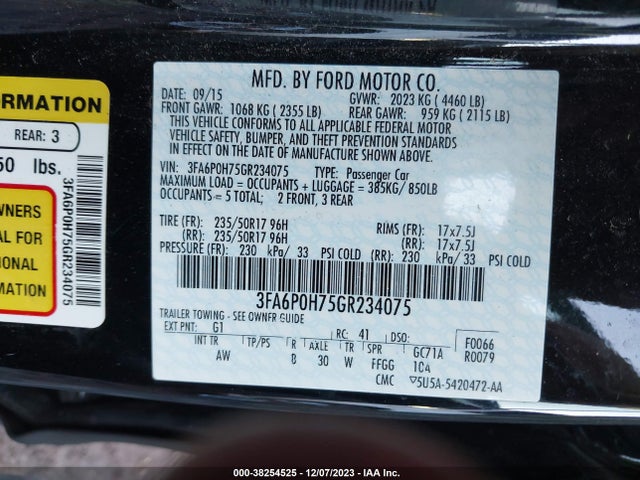 2016 FORD FUSION SE VIN: 3FA6P0H75GR234075