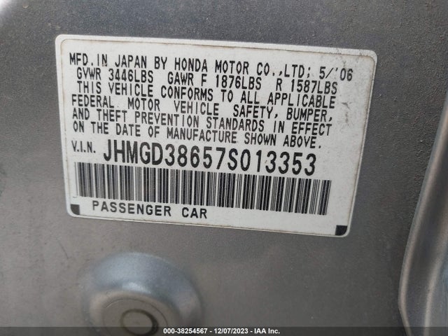 2007 HONDA FIT SPORT VIN: JHMGD38657S013353