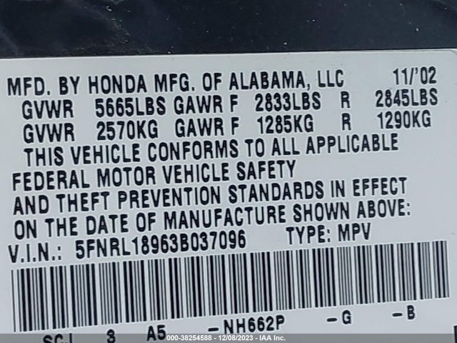 2003 HONDA ODYSSEY EX-L VIN: 5FNRL18963B037096