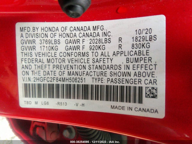 2021 HONDA CIVIC SPORT VIN: 2HGFC2F84MH506251