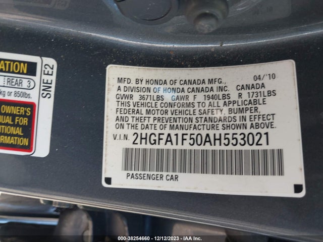 2010 HONDA CIVIC LX VIN: 2HGFA1F50AH553021