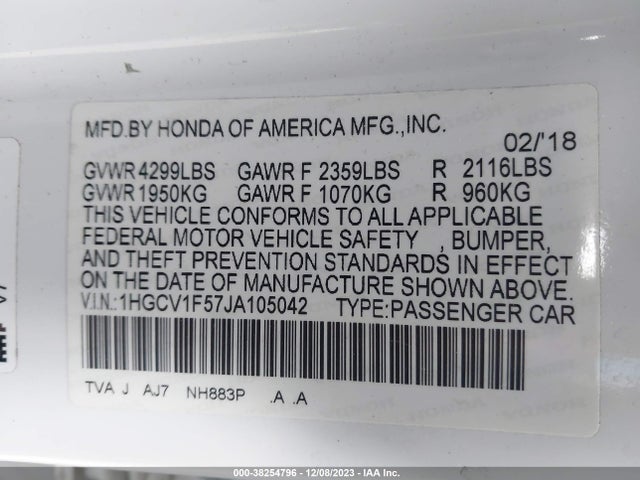 2018 HONDA ACCORD EX-L VIN: 1HGCV1F57JA105042