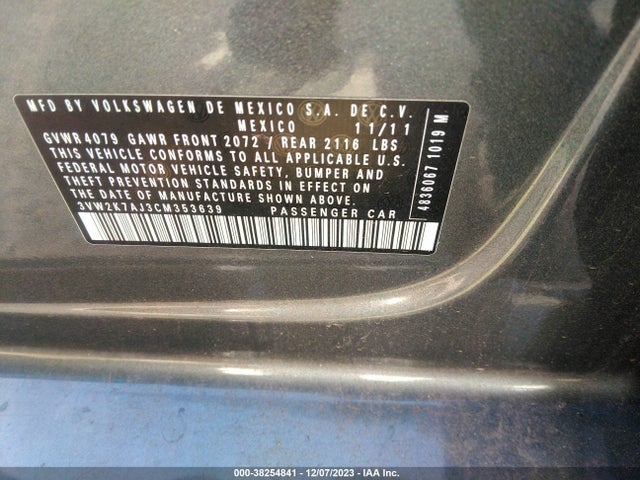 2012 VOLKSWAGEN JETTA 2.0L S VIN: 3VW2K7AJ3CM353639