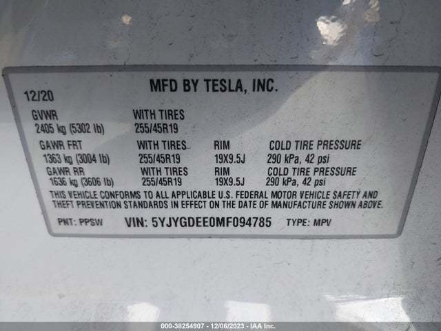 5YJYGDEE0MF094785 Tesla Model Y Long Range Dual Motor All-wheel Drive