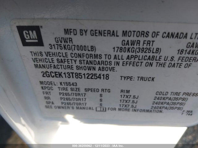 2005 CHEVROLET SILVERADO 1500 LS VIN: 2GCEK13T851225418