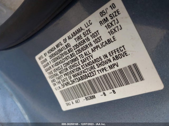 2010 HONDA ODYSSEY EX-L VIN: 5FNRL3H73AB084237