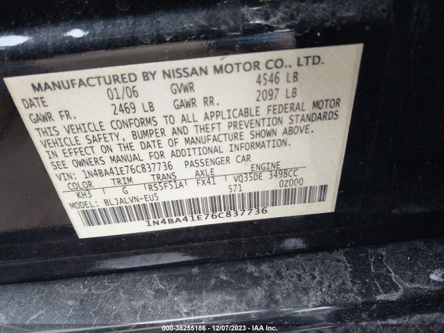 2006 NISSAN MAXIMA 3.5 SE VIN: 1N4BA41E76C837736