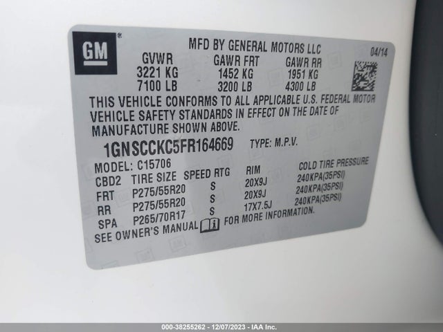 Chevrolet Tahoe Ltz 2015 1GNSCCKC5FR164669 Image 9