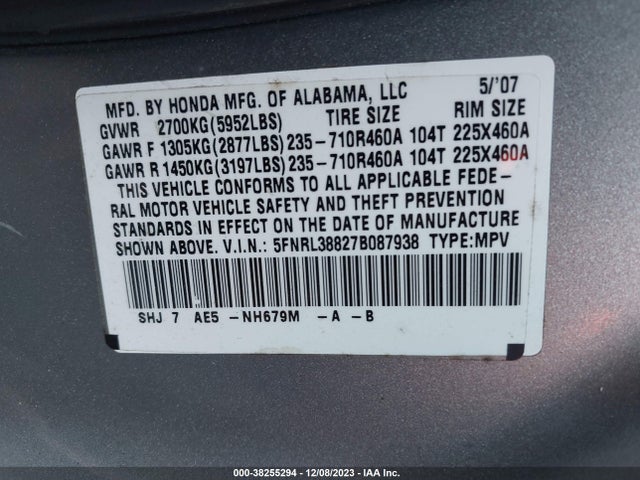 2007 HONDA ODYSSEY TOURING VIN: 5FNRL38827B087938