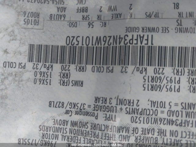 2006 FORD FOCUS ZX4 VIN: 1FAFP34N26W101520