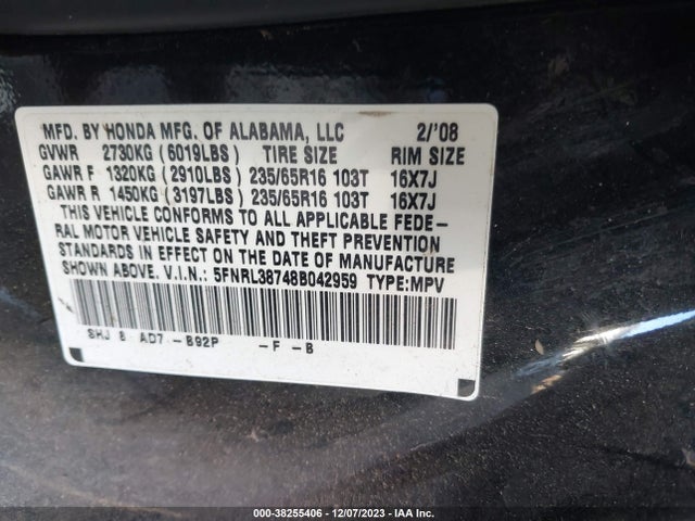 2008 HONDA ODYSSEY EX-L VIN: 5FNRL38748B042959