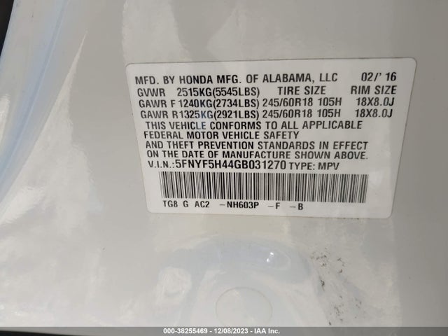 Honda Pilot Ex 2016 5FNYF5H44GB031270 Image 9