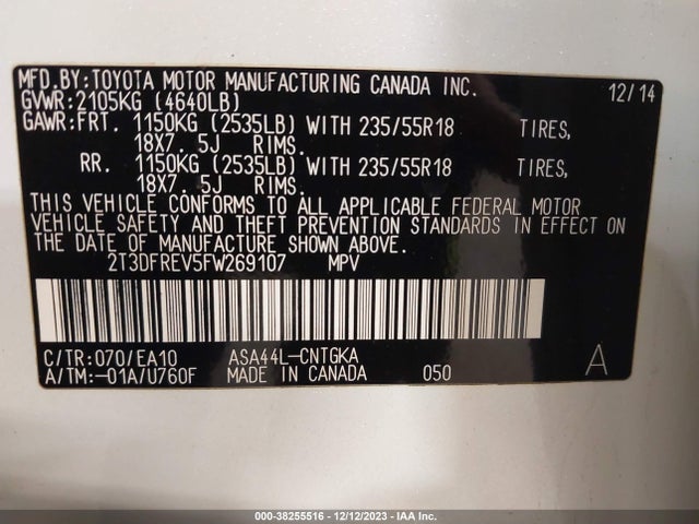 2015 TOYOTA RAV4 LIMITED VIN: 2T3DFREV5FW269107