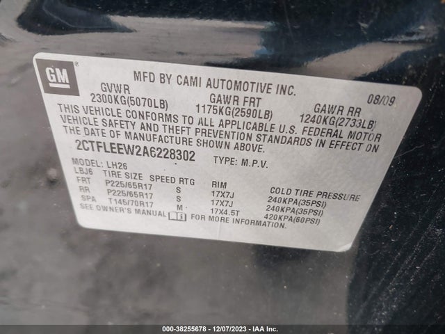 2010 GMC TERRAIN SLE-2 VIN: 2CTFLEEW2A6228302