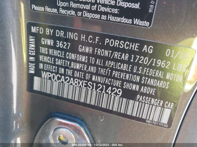 WP0CA2A8XES121429 Porsche Boxster