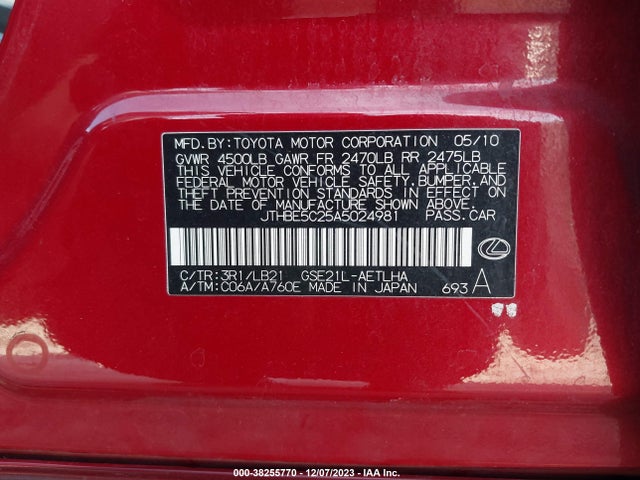 2010 LEXUS IS 350 VIN: JTHBE5C25A5024981