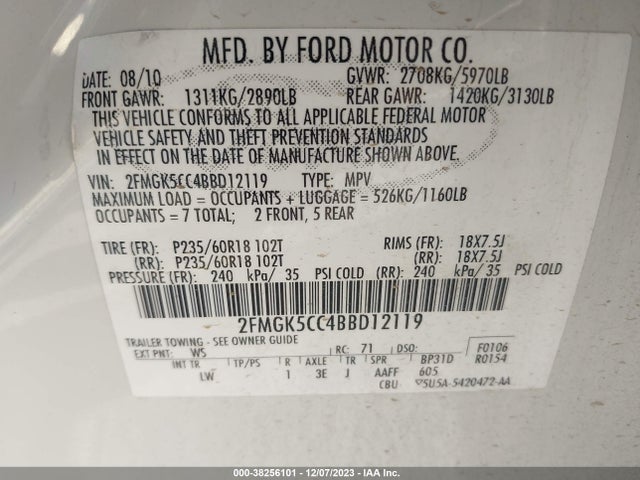2011 FORD FLEX SEL VIN: 2FMGK5CC4BBD12119