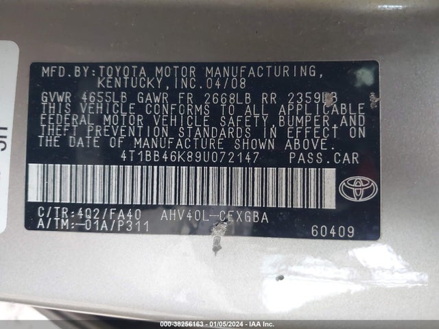 2009 TOYOTA CAMRY HYBRID VIN: 4T1BB46K89U072147