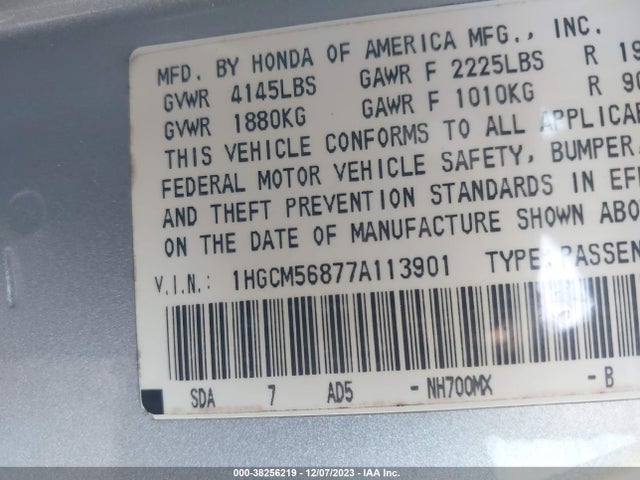 2007 HONDA ACCORD 2.4 EX VIN: 1HGCM56877A113901