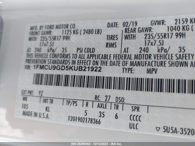 2019 FORD ESCAPE SE VIN: 1FMCU9GD5KUB21922