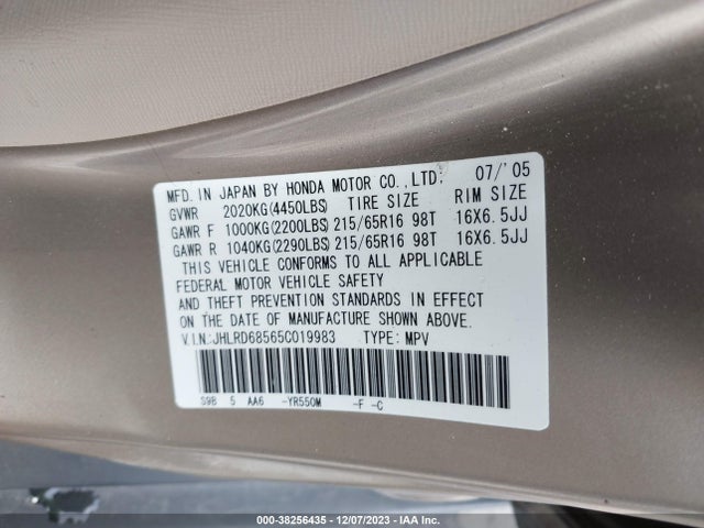 2005 HONDA CR-V LX VIN: JHLRD68565C019983