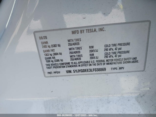 2020 TESLA MODEL Y LONG RANGE DUAL MOTOR ALL-WHEEL DRIVE VIN: 5YJYGDEE3LF038869