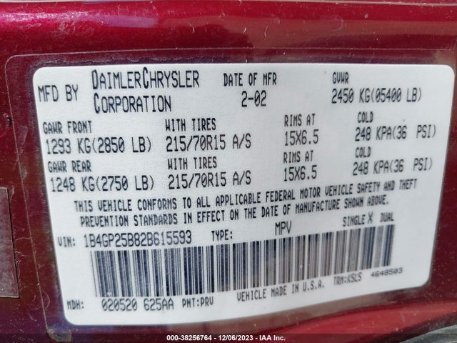 2002 DODGE CARAVAN SE VIN: 1B4GP25B82B615593