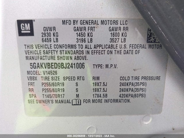 2011 BUICK ENCLAVE 1XL VIN: 5GAKVBED9BJ241006